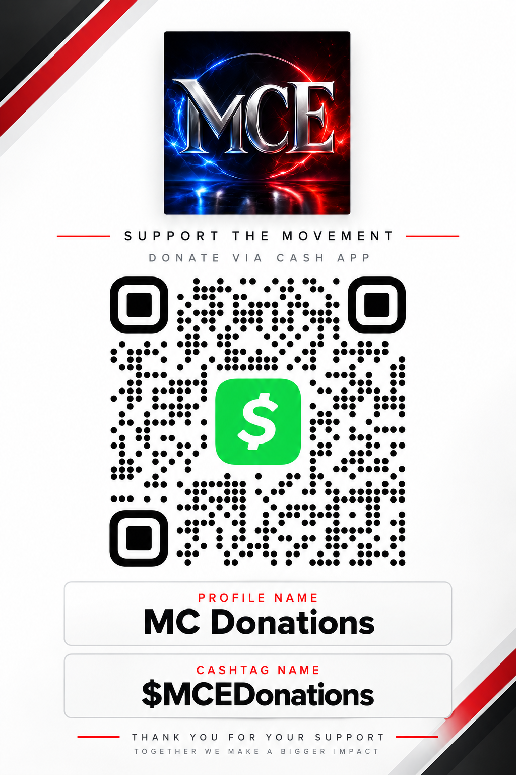 MC Donations Cash App payment guide with QR code and Cashtag