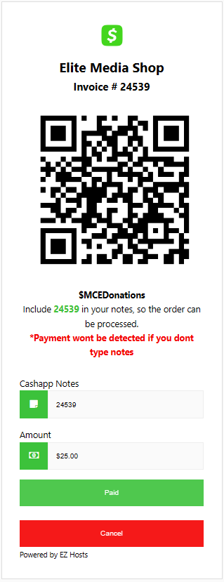 Elite Media Cash App payment QR code example with invoice number and amount