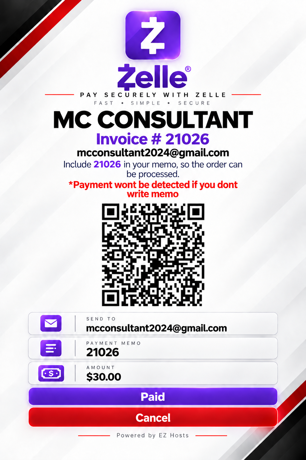 MC Consultant Zelle payment guide with QR code, recipient email, payment memo and amount